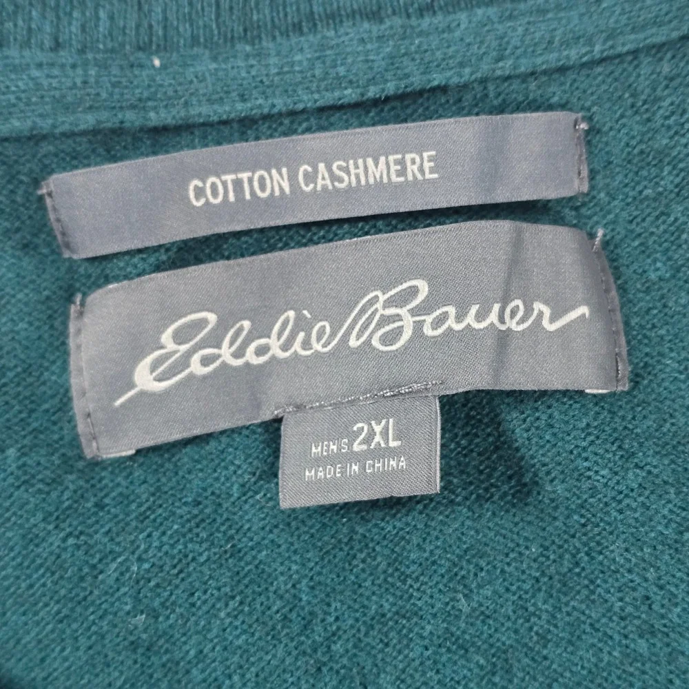 Eddie Bauer Mens 2XL Teal Green Cotton Cashmere V-Neck Sweater‎ 11123